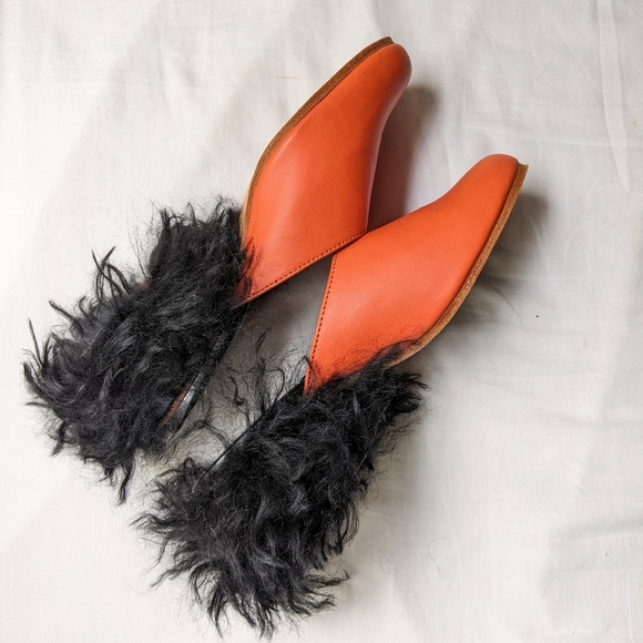 Alfeya Valrina Designer Leather Orange Furry Heel Slides Women's Size US 6 - Picture 5 of 7